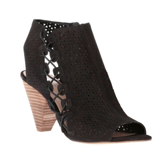 Vince Camuto Elison Nubuck Leather Peep Toe Heeled Sandal Bootie, Size 9M, Black - Picture 1 of 9